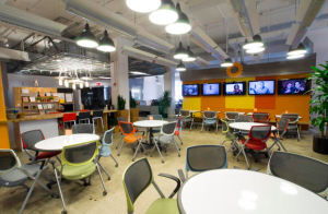 To improve interaction among employees, all segments of the LivePerson office connect at the town square, an open seating and eating zone where employees can take a break, have a discussion or hold an informal meeting. PHOTO: Dave Pinter
