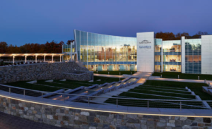 The Saint-Gobain and CertainTeed Headquarters features a 25,000-gallon tank that collects rainwater for the fountain and landscaping system. In addition to the fountain feature, the headquarters boasts a pond and 1.3 miles of walking trails.