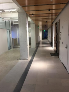 The existing bamboo ceiling panels and light fixtures will stay in place. Here Gensler focused its efforts on removing the existing carpet and, in doing so, unveiled the history and character of the building. Stone was discovered that connects from the historic elevator lobby at the circulation core.