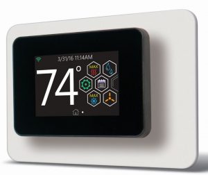 The touch-screen thermostat from Johnson Controls incorporates smart technology to communicate with both conventional and connected HVAC systems.