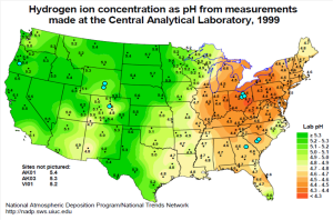 The 10 roof locations, indicating the average pH of the precipitation across the U.S. 