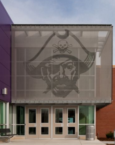 Piper High School’s mascot, a pirate, was etched into GKD’s Omega 1510 woven mesh fabric.
