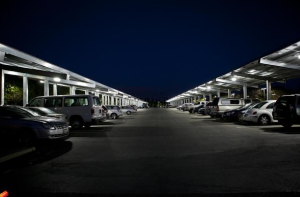 UC Davis chose to affix EverLast Bi-Level Classic Garage fixtures under a PV canopy in its south entry parking lot. Photo: California Lighting Technology Center