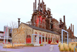 The 10,883-square-foot Bethlehem Visitor Center consists of exhibits and multimedia displays that share Bethlehem Steel’s and Lehigh Valley’s history, as well as offices for the performing-arts center and 50 public restrooms.