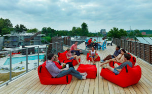 ECO Modern Flats’ rooftop patio provides views of Old Main, the oldest building on the University of Arkansas’ campus; Dickson Street; and the Boston Mountains.