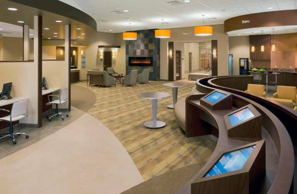 The self-registration desk in the lobby of the Minimally Invasive Spine Institute, Dallas, is reflective of the trend toward a retail approach to the design of health-care facilities. Photo: Courtesy of HDR Architecture Inc.; © 2011 Mark Trew