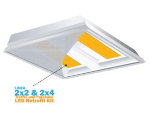 Deco Lighting has introduced the Linea 2- by 2-foot and 2- by 4-foot Troffer and Parabolic LED Retrofit Kit