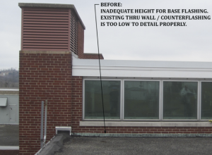 Calculations proved that when new insulation, which had to be thicker (for the required R-value) and tapered (to provide slope to the drains), was made part of the new roof system, the top surface of the new roof would be too high to properly detail the flashing at this connection.