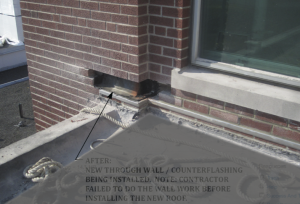 the contractor is in the process of cutting out short sections of the brick wall to raise the through-wall flashing and weeps in the brick cavity, so the counterflashing can be raised to match.
