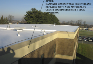 The new EIFS fascia is below the metal edge of the new roof system on the affected area of this building.