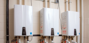 The school replaced an inefficient boiler and tank system with three cascaded Navien NPE-240 water heaters.