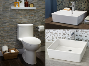 American Standard's Loft consists of a one-piece toilet and two rectangular above-counter lavatories.