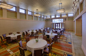 The ballroom, which is contained in the former bank space, features radiant floor heating and custom-designed wool-blend carpet that was manufactured in Egypt. PHOTO: Aaron Thomas
