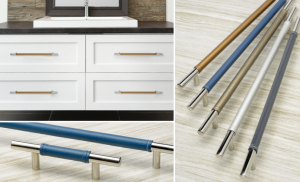 The Faux Leather Zanzibar Collection from Atlas Homewares includes knob and pulls ranging from 5.25 inches to large appliance pulls.