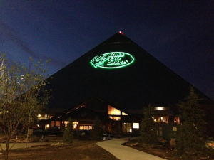 Originally erected in 1990 as a 20,000-seat sports arena, the 321-foot-tall stainless-steel-clad pyramid today is A Bass Pro Shops flagship store.