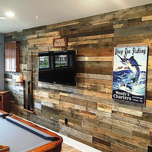 Sustainable Lumber Co.’s Prefabricated Architectural Wall Panels are made from reclaimed pallet boards, barn wood and recycled flooring.