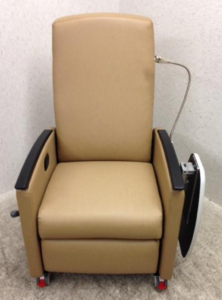 Dignity Health had manufacturers compete to design a family chair for patient rooms. The winning chair is on wheels; folds flat; and features an integrated charging port, overhead light and table. 