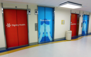 To help patients recognize they have reached the point where they are going to be taken care of, Dignity Health dresses up elevators with artwork. Elevator doors on pediatric floors are decorated with images that celebrate children.