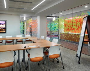 This board room's glass is Saint-Gobain’s PRIVA-LITE, an active glass that can be switched from clear to opaque via a range of wall switches, remote controls, movement sensors, light sensors or timers.