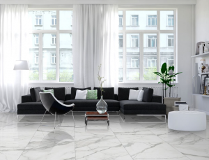 Glazed porcelain tile offers the look of Calacatta marble without the additional care and maintenance.