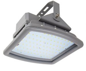 The LED flood light is designed for use in granaries, paint booths, mills, mines, gas stations, or auto shops.