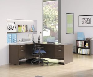 The laminate desk and storage collection offers preassembled layouts, or buyers can create a layout that meets the needs of their office.