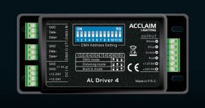 The AL Driver 4, a four-channel, pulse-width-modulation (PWM) dimming driver controls up to 5A of multi-color LED product.