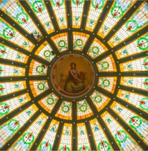 The project includes rehabilitation of the stained-glass dome atop Normal Hall.