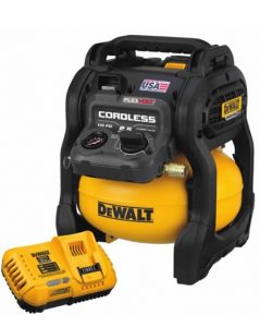The air compressor achieves up to 1,220 nails per charge using one 6.0Ah FLEXVOLT Battery and a DEWALT 18 GA Brad Nailer.
