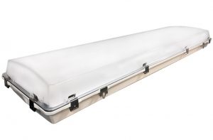 The LED High Bay fixture is constructed of fiberglass reinforced polycarbonate with a seamless gasket seal and stainless steel components for chemical and impact resistance.