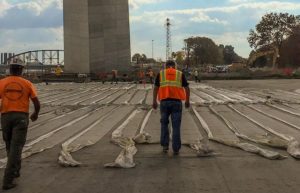 Western Specialty Contractors work to restore and waterproof the roof of the Museum of Westward Expansion located beneath the Gateway Arch on the St. Louis riverfront.