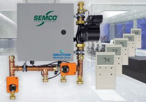 The NEUTON–Multiple Zone is a controlled chilled beam pump module capable of controlling active chilled beams in up to five small rooms.