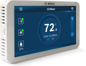 The Bosch Connected Control touch-screen thermostat brings functionality to a building with Wi-Fi connectivity, allowing remote monitoring and control of HVAC systems.