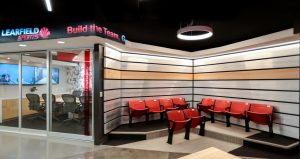 The renovation project at Learfield marries the exciting atmosphere of a stadium or arena with an everyday business office.