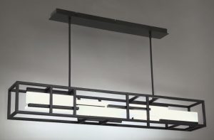 The opalescent rectangles in this pendant are illuminated by edge-lit LED modules.