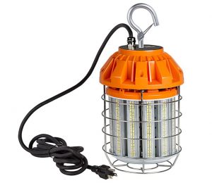 The portable job site lights come equipped with a power cord and safety hook.