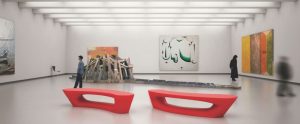 the Boomerang bench is suited for interior and exterior applications in museum, hospitality and corporate environments.