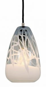 Teardrop-shaped clear glass shades with white drizzles create visual lighting effects in interior spaces.