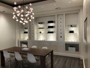 The lighting lab features a built-in cabinet space with recessed lighting options from counter height to ceiling so customers can see the various lighting capabilities.