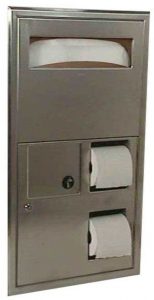 The B-3091, B-3092, B-30919 and B-30929 units combine toilet tissue dispensers, toilet seat cover dispensers and waste disposals in a single stainless steel unit.