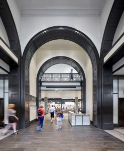 During the renovations, many historic details were uncovered, embraced and included in the final design of the food hall and lobbies.