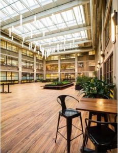 Housed in the renovated factory, 500 Seneca combines 106 living units, 180,000 square feet of commercial office space on five floors, retail components, a cultural space and a multi-story interior green atrium area.
